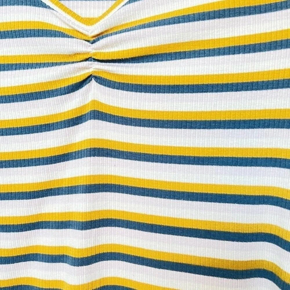 Girls XL 14/16 Long Sleeve Striped Ribbed Top Mustard Navy White V-Neck